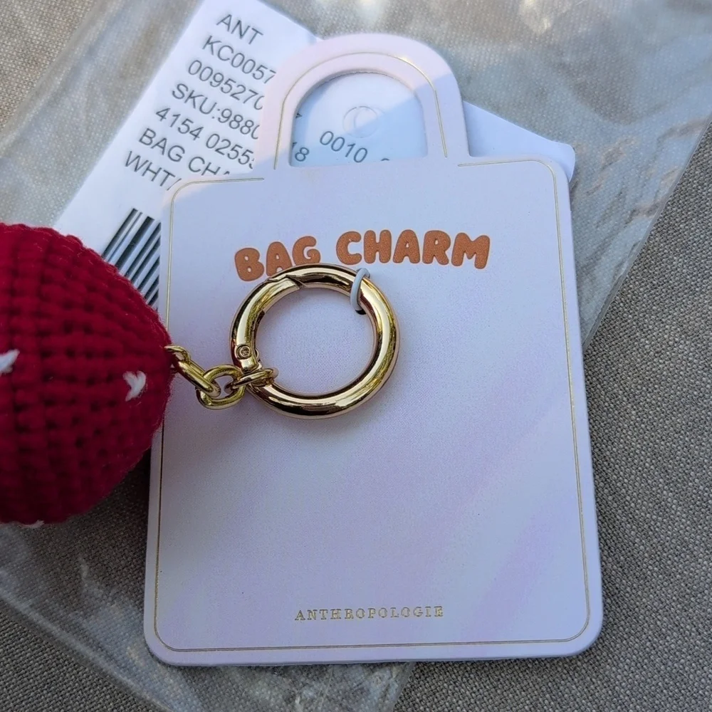 Anthropologie Red and White Crochet Mushroom Bag Charm NWT
